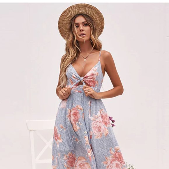 NWT FancyInn Blue Striped Pink Floral Front Cut Out Dress Size S Nautical Cotton - Picture 13 of 14